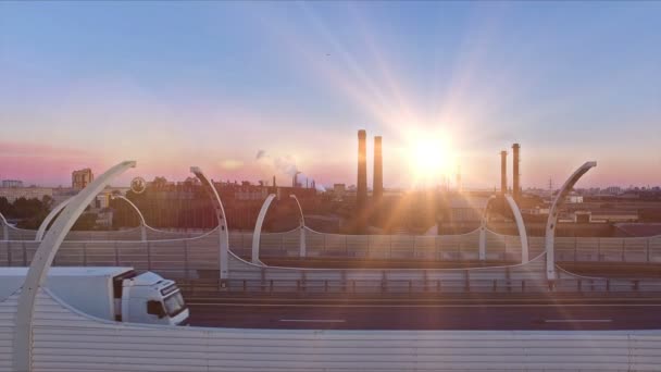Industriella rökpipor och Flygfoto över highway road vid solnedgången — Stockvideo