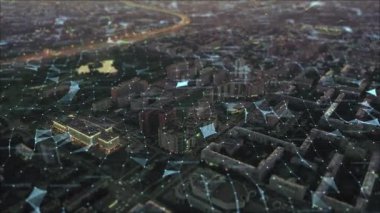 AERİAL. Akşam saatlerinde şehrin en iyi görüntüsü ve bağlantı hattı. Teknoloji internet kavramı.