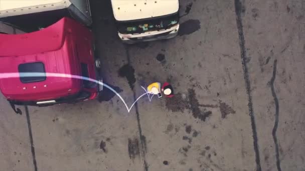 Two workers using tablet stands near trucks. Futuristic technology concept. — Stock Video