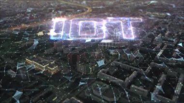 AERİAL. Akşam saatinde şehrin en üst görüntüsü ve 5G İnternet yazıtları. 