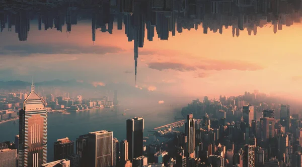 Luchtvaartmaatschappij. Abstract futuristisch concept video van twee enorme stad tegenover elkaar in de lucht en epische zonsondergang. — Stockfoto