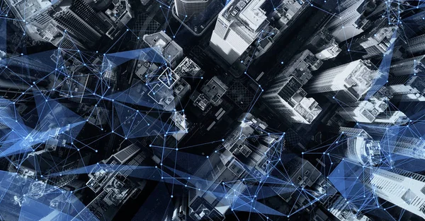 Havadan. Kablosuz iletişim ağı kavramı. Bazı şeylerin interneti. ICTInformation İletişim Teknolojisi.