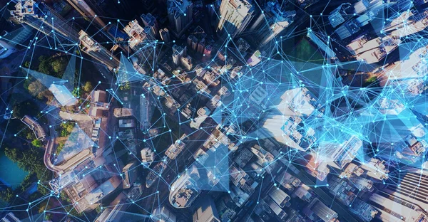 Havadan. Kablosuz iletişim ağı kavramı. Bazı şeylerin interneti. ICTInformation İletişim Teknolojisi.