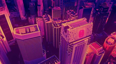 Kuala Lumpur şehrinin gökdelenlerinin havadan görünüşü 80 'lerin stili, neon renkleri. Geniş açı 