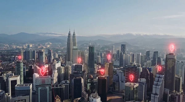 AERIAL. 5G network digital hologram on city background.5G network wireless systems.