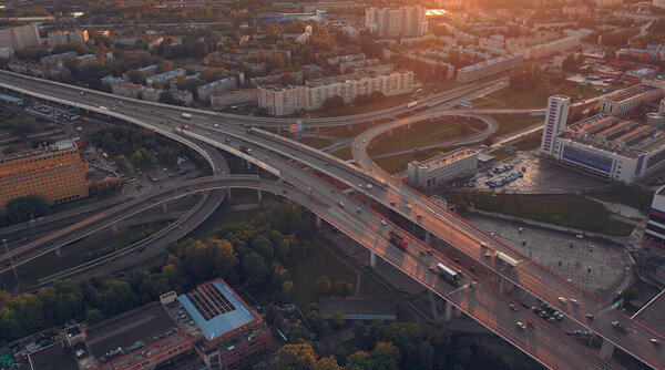 Aerial top view of bridge road automobile traffic of many cars, transportation concept. High quality photo