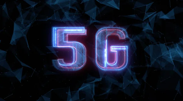 Творческий фон, надпись 5G на фоне фиолетовой и синей энергии, темный фон. Концепция сети 5G, высокоскоростной мобильный интернет, сети нового поколения. Копирование пространства — стоковое фото