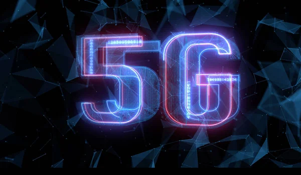 Yaratıcı arka plan, mor ve mavi enerjinin arkaplanındaki 5G yazıları, koyu arkaplan. 5G ağı konsepti, yüksek hızlı mobil internet, yeni nesil ağlar. Boşluğu kopyala