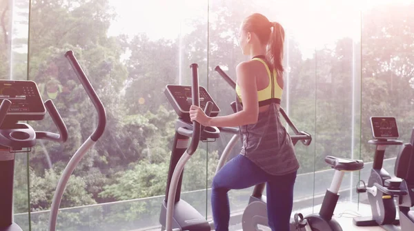 Beden eğitiminde eliptik bir eğitmenle çalışan çekici genç bir kadının arka görünüşü. Panoramik pencereler