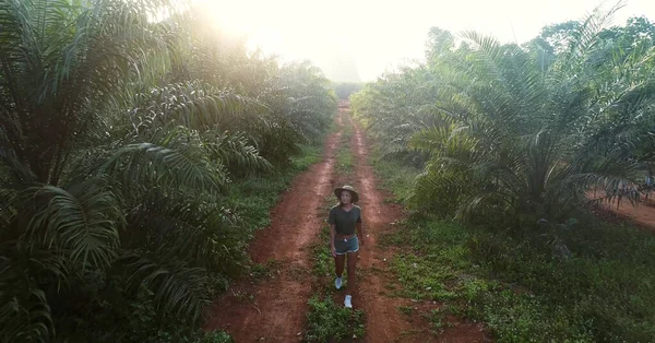 Genç Asyalı kadın arka planda vahşi orman dağları olan yolda yalnız başına seyahat ediyor. Yaşam tarzı ve hayatta kalma konsepti ön planda.