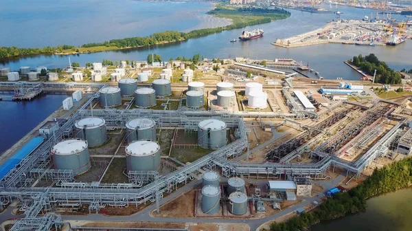 Aerial view of petrol industrial zone and big caro ship