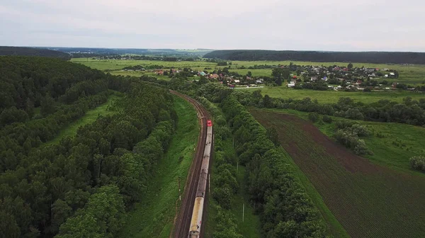 Luchtfoto van de trein in het bos — Stockfoto