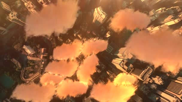 AERIAL. Blick von oben auf Hongkong und goldene Wolken bei Sonnenuntergang. — Stockvideo