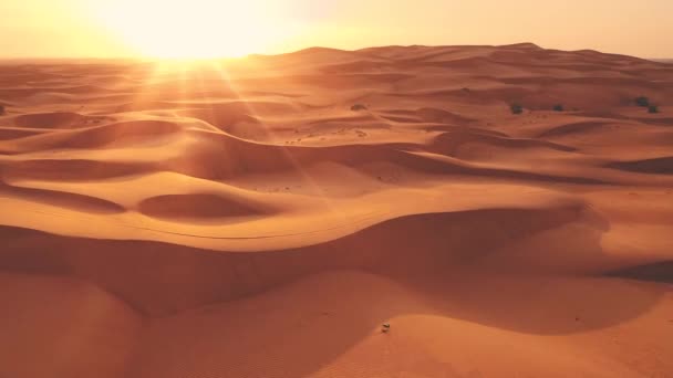 AERIAL. Blick von oben auf die riesige Wüste bei Sonnenuntergang oder Sonnenaufgang in den VAE. — Stockvideo