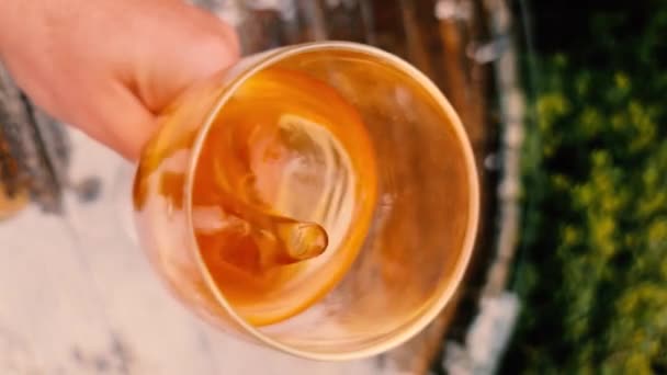 슬로우 모션 POV 남성 손으로 와인 잔을 들고 도시 경관을 배경으로. 수직 영상. — 비디오