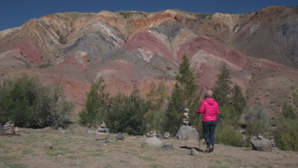 Senderismo de mujeres. Caminata en las montañas. Mujer viajero en hermoso paisaje de verano — Vídeos de Stock