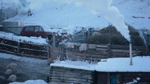 Fumaça de uma casa de aldeia em uma paisagem de inverno — Vídeo de Stock