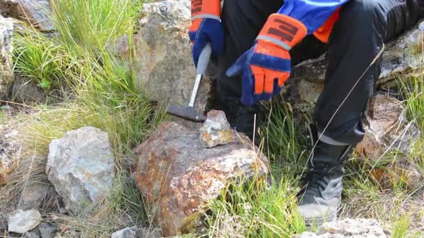 Dipalu dengan palu geologi di atas batu — Stok Video