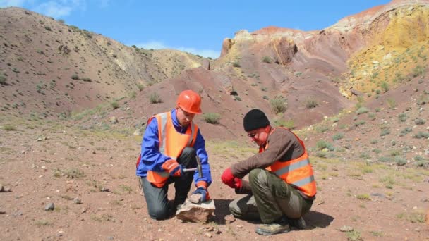 손에 망치를 들고, 보호 반사 조끼와 장갑과 헬멧을 쓰고 있는 지질학자, 광산 기사의 모습. — 비디오