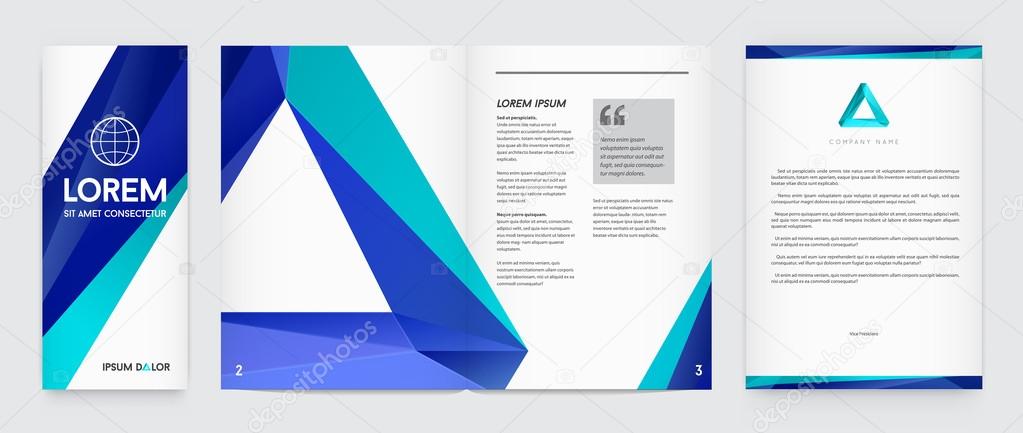 Set of Visual identity with logos elements polygonal style Letterhead and geometric triangular design style brochure cover template mockups for business
