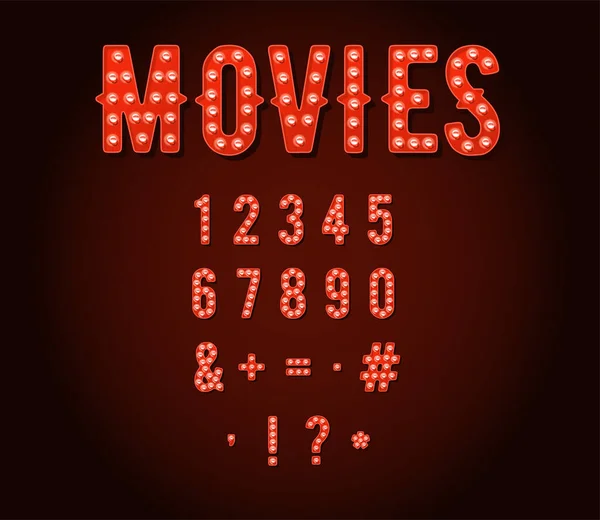 Red Letters Bulbs Cinema Broadway Signs Style Light Bulb Numbers — Stock Vector