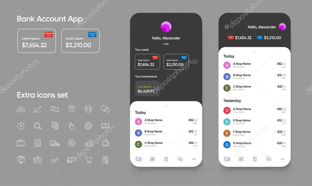 Banking App User Interface (UI) for Smartphones with Extra Set of Icons. Finance Investment Tools. Vector.