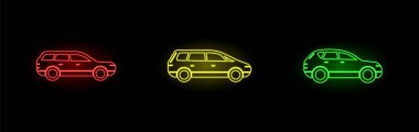Neon Araba Simgeleri Ayarlandı. Üç farklı araba. Elektrik Neon Rengi.