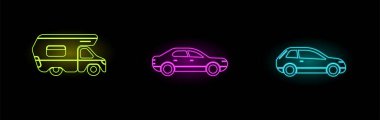 Neon Araba Simgeleri Ayarlandı. Üç farklı araba. Elektrik Neon Rengi.