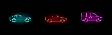 Neon Araba Simgeleri Ayarlandı. Üç farklı araba. Elektrik Neon Rengi.