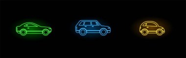 Neon Araba Simgeleri Ayarlandı. Üç farklı araba. Elektrik Neon Rengi.