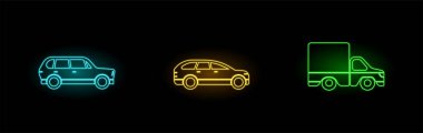 Neon Araba Simgeleri Ayarlandı. Üç farklı araba. Elektrik Neon Rengi.