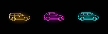 Neon Araba Simgeleri Ayarlandı. Üç farklı araba. Elektrik Neon Rengi.
