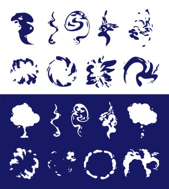 Özel Efektler Şablon Duman Ayarları. Çizgi film buhar bulutları, puf, sis, sis, su buharı veya toz patlaması. Dijital animasyon için.