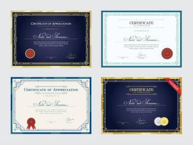 Şablon kümesi. Diploma Para Birimi Sınırı. Takdir Sertifikası. Ödül Hediye Fişi. Vektör illüstrasyonu.