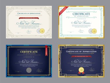 Şablon kümesi. Diploma Para Birimi Sınırı. Takdir Sertifikası. Ödül Hediye Fişi. Vektör illüstrasyonu.