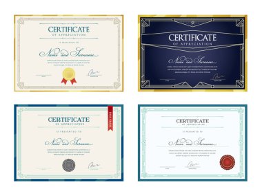 Şablon kümesi. Diploma Para Birimi Sınırı. Takdir Sertifikası. Ödül Hediye Fişi. Vektör illüstrasyonu.