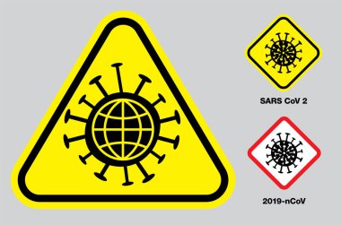 Sarı üçgenli ve dikdörtgenli koronavirüs uyarı işaretleri Covid-19 salgını sırasında içinde gezegen bulunan bir virüs molekülünü gösteriyor.