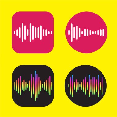 Dengeleyicinin Dalgalarıyla Dört Simge Tasarımı. EQ Vektör İllüstrasyonu. Ses Memuru Kayıt Simgesi. Kare ve Çember Şekli.