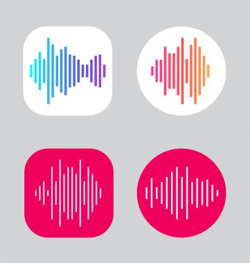 Dengeleyicinin Dalgalarıyla Dört Simge Tasarımı. EQ Vektör İllüstrasyonu. Ses Memuru Kayıt Simgesi. Kare ve Çember Şekli.