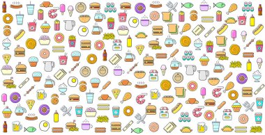 Fast Food 'un renkli seti ya da sokak yemekleri ile ilişkili arka plan. Vektör.