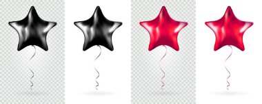 Big Set of Black and Red star foil balloons on transparent white background. Mockup for balloon print. Vector.