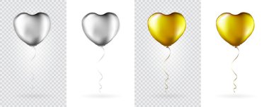 Big Set of Golden and Silver Heart Shaped foil balloons on transparent white background. Mockup for balloon print. Vector.