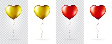Big Set of Golden and Red Heart Shaped foil balloons on transparent white background. Mockup for balloon print. Vector.