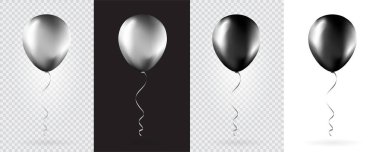 Big Set of Silver and Black balloons on transparent white background. Mockup for balloon print. Vector.