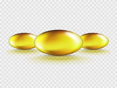 Şeffaf arkaplanda 3 Sıvı Jel Altın Oval Yağlı Kabarcık kümesi var. E vitamini, A vitamini, omega 3 veya 6 yağ kozmetik kapsülü. Gerçekçi..