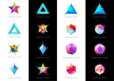 Olağandışı ve soyut büyük Geometrik Şekiller Kümesi. Vektör logosu. Çokgen Renkli Logottipler.