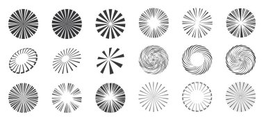 Circle Sun Rays seti. Vektör. Güneş patlaması. Yıldız patlaması. 