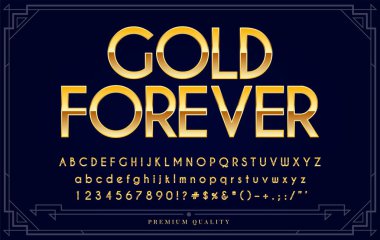 Altın Metalik Yazı Tipi Seti. Vektördeki Harfler, Sayılar ve Özel Karakterler