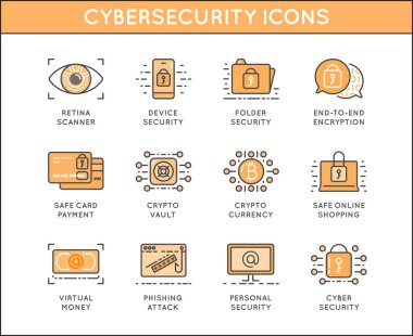 Siber Güvenlik ve Siber Suçlar ana hatları belirlendi. Renklerle dolu. Vektör.