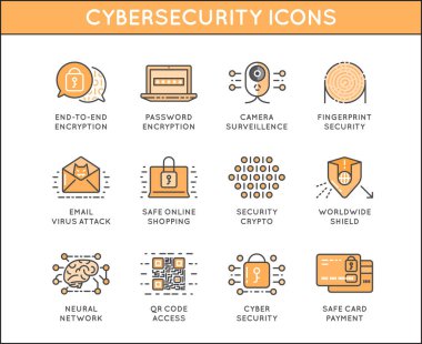 Siber Güvenlik ve Siber Suçlar ana hatları belirlendi. Renklerle dolu. Vektör.